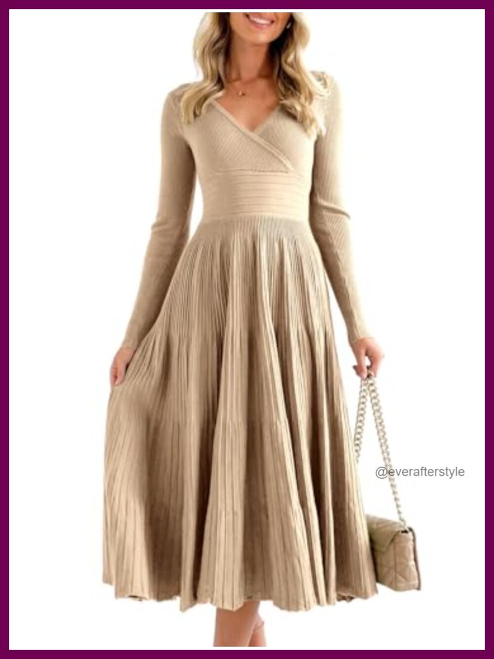 Saodimallsu Womens Long Sleeve Midi Sweater Dress V Neck Pleated Maxi Dress